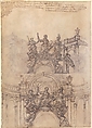 Studies for a Sculpture with Figures of Prudence, Industry and Economy Supported by Slaves and an Oval Plaque with Cartouche; Separate Study for a Cupola (Recto). Studies for Figural Ornament (Verso)., Giovanni Battista Foggini (Italian, Florence 1652–1725 Florence), Pen and brown ink, brush and gray wash, over traces of black chalk (recto and verso)